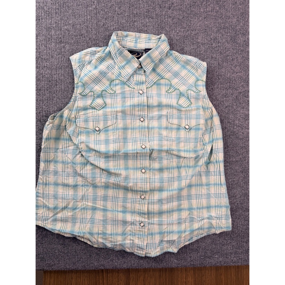 Roper Womens 1X Blue Plaid Western Sleeveless Shirt Pearl Snap Flame Yoke Cotton